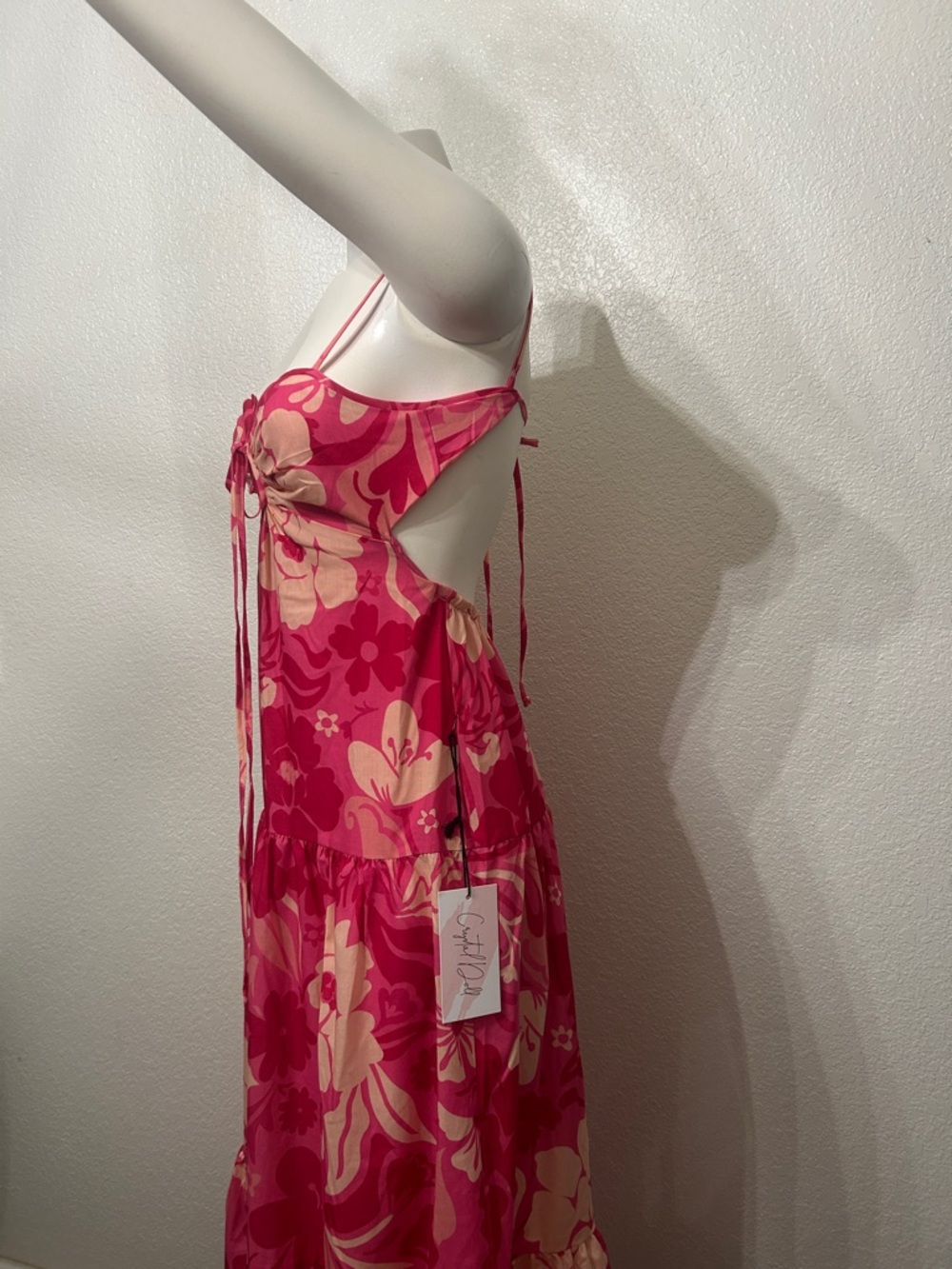 Crystal Doll Fuchsia and Cream Floral Tie-Front Maxi Dress - Picture 3 of 5